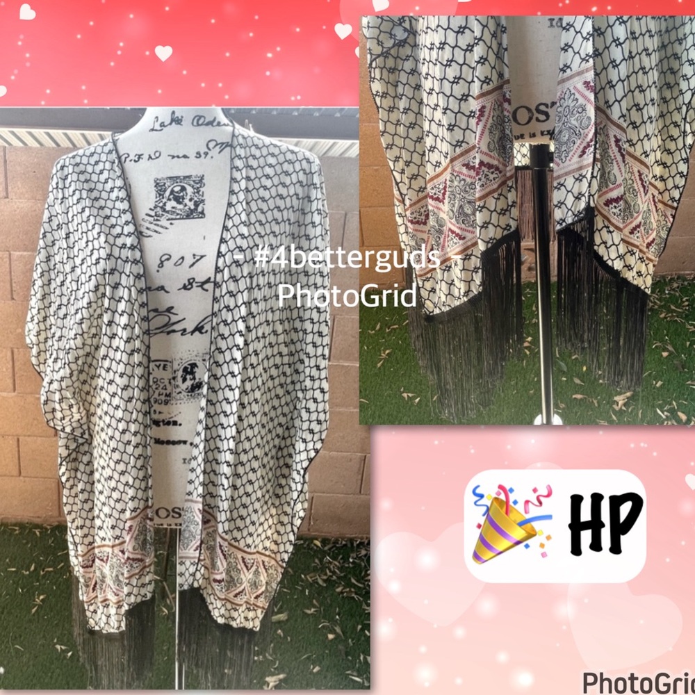 Roffe Access. Anthropologie Open Style Kimono Sleeve Fringe Print Wrap One Size